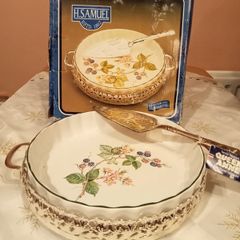 H.Samuel Oven-to-tableware Flan Dish  with Silver plated holder and Server