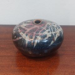 Fabulous Vintage Small Hand-Thrown Art Pottery Pebble Shaped Vase with Lovely Abstract Glaze Pattern in Blacks, Whites, Pinky-Red with Gold Flakes, Hand Made, But Unknown Maker, Circa 1975
