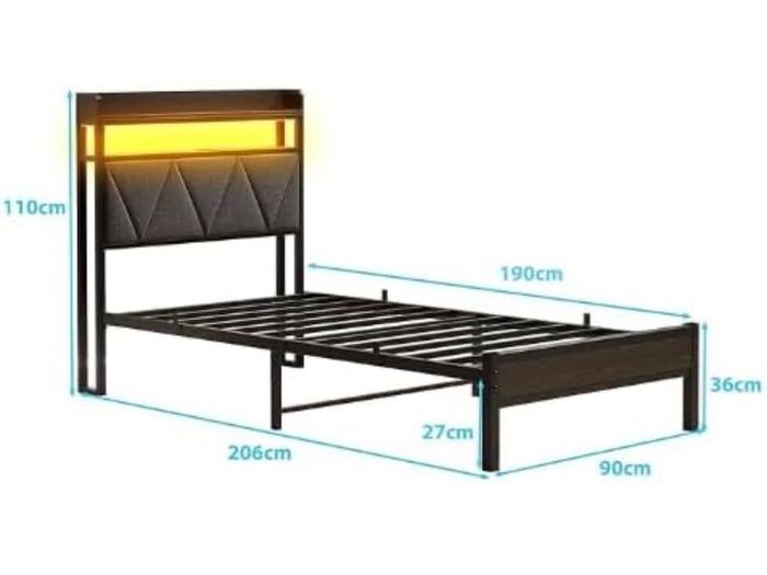 Single Bed Frame with 3ft Upholstered Wooden Storage Headboard, Grey Single Bed Frame with LED Lights & USB Charging, 90x190cm Two-shelf Storage Headboard, Heavy Duty Slats for Small Bedrooms