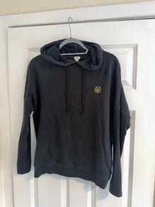 River Island Women's Black Hoodie with Gold Embroidered Logo - Size small