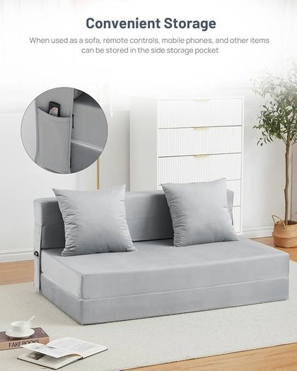 4-in-1 Folding Sofa Bed Double, Fold Out Sofa Couch with Velvet Cover & 2 Cushions, Floor Mattress Lounger for Living Room, Comfy Foldable Sofa Chair Bed, Removable Cover, Washable(135 190CM)