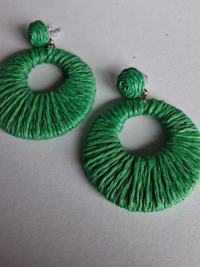 Grass Green Raffia Woven Stud Hollow Out Woven Hoop Earrings