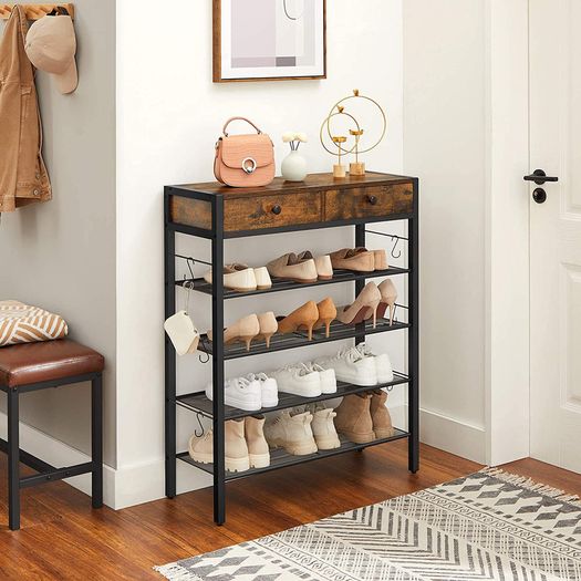 Shoe rack, shoe organizer with 2 drawers and 4 compartments, for 14 pairs of shoes, in the entrance area, living room, bedroom, vintage brown-black