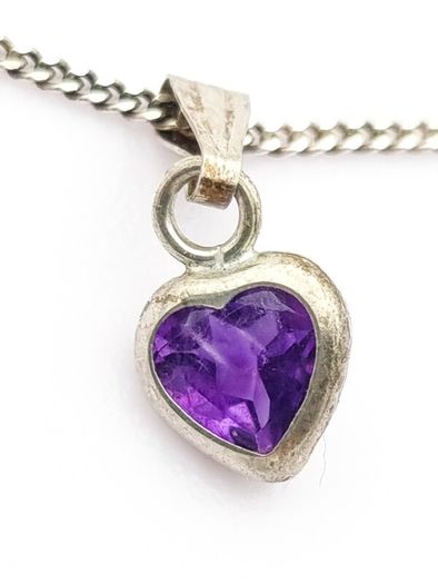 Tiny Amethyst Silver Heart On Italian Chain