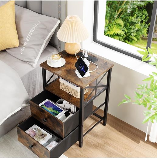 Bedside Table Set of 2, Side Table with Charging Station and Led Lights