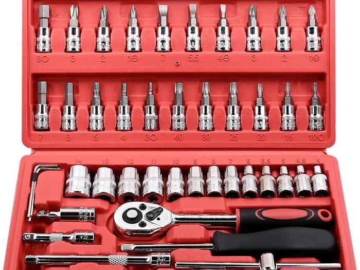 NEW SALE | 46 Pieces 1/4 inch Drive Socket Ratchet Wrench Tool Set, with Bit Socket Set Metric and Extension Bar for DIY, Auto Repairing and Household, with Storage Case