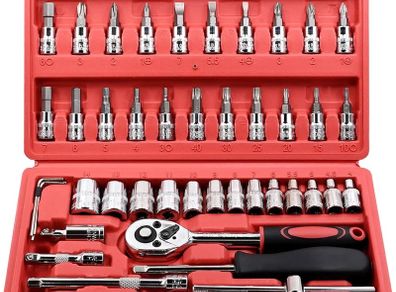 NEW SALE | 46 Pieces 1/4 inch Drive Socket Ratchet Wrench Tool Set, with Bit Socket Set Metric and Extension Bar for DIY, Auto Repairing and Household, with Storage Case