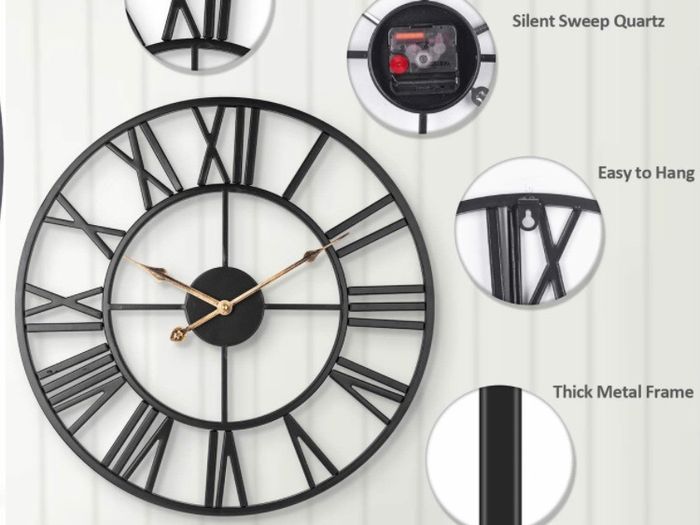 European Farmhouse Vintage Clock with Roman Numerals, 40cm Non-Ticking Battery Operated Metal Skeleton Decorative Clock for Home Kitchen Cafe Hotel Office Decor(Black)