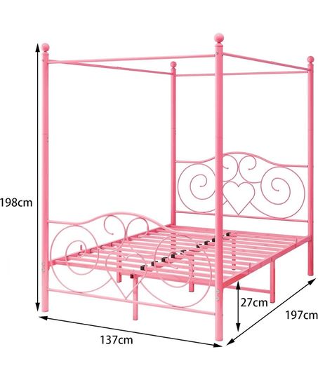 Double Canopy Bed Frame with Vintage Headboard & Footboard, Pink 135x190cm Double Canopy Bed Frame, 4ft6 Heavy Duty Metal Bed, Heart Scroll Headboard & Footboard, Steel Slats for Bedrooms
