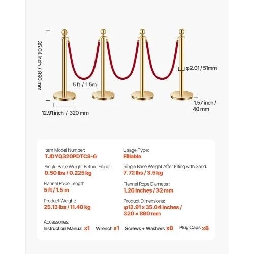Stanchion Post, 8 Pcs Crowd Control Barrier Set with 6 Red Velvet Ropes, 5 ft Stainless Steel Gold Stanchion Post Queue with Sand Injection Hollow Base for Theater, Party, Wedding, Exhibition