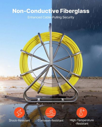Fish Tape Fiberglass, 100M 6.3MM, Duct Rodder Fishtape Wire Puller with Stand, Cable Running Rod with Locking Mechanism, Fishing Tools, for Walls Floor and Electrical Conduit, Non-Conductive