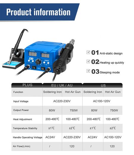 800W SMD Soldering Station Quick Heat Electric Hot Air Gun 2 in 1 Led Display Electric Soldering Iron BGA Rework Welding Station