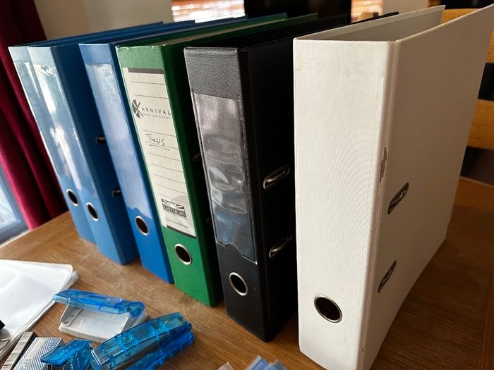 Lot stationery office school supplies - lever arch folders, plastic pockets, coloured pencils, stapler