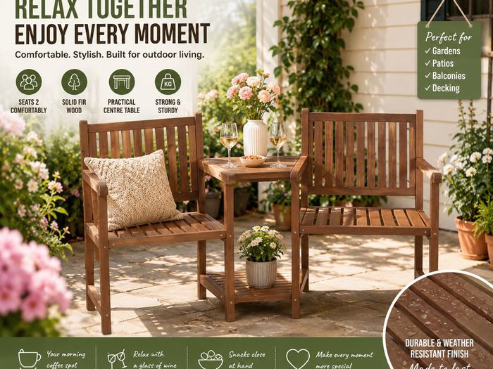 2 Seater Wooden Garden Companion Bench with Table