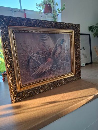 Vintage 1970s framed art print titled "Pheasant and Wagon Wheel" by American Wildlife Artist Robert K. Abbett