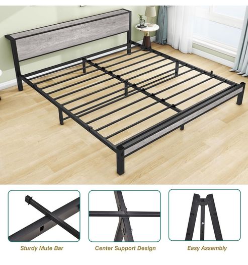 King Size Bed Frame with Storage Wooden Headboard
