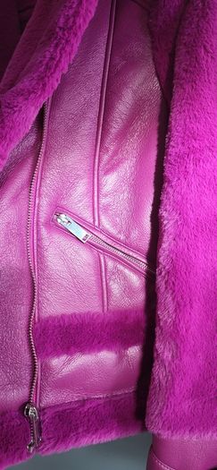 RIVER ISLAND fuschia faux leather and fur biker jacket Sz 14UK - Rrp 125 (New)
