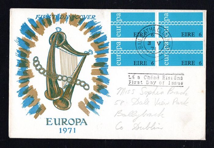 1971 Ireland Europa 6p block of 4 Commemorative Stamp Illustrated First Day Cover (FDC)