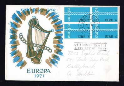 1971 Ireland Europa 6p block of 4 Commemorative Stamp Illustrated First Day Cover (FDC)