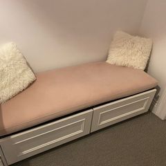 handmade storage bench/window seat with two large built-in drawers and a comfortable upholstered cushion