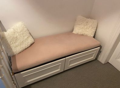handmade storage bench/window seat with two large built-in drawers and a comfortable upholstered cushion