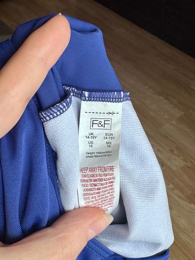 F&F Girls Blue Swimsuit Age 14-15 Years - Very Good Condition