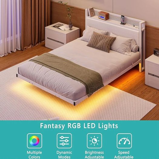 Floating Double Metal Bed Frame with LED Lights & USB Charging Station,135x190cm Metal Platform Bed Frame with 4ft6 Upholstered Headboard Storage,Heavy Duty Metal Slats,Noise Free/Shiny White