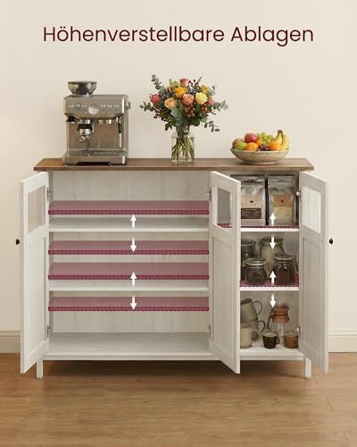 Sideboard Kitchen Cabinet Storage Cabinet with Glass Doors for Living Room Kitchen Dining Room Steel Frame Industrial Style Honey Brown Vintage White