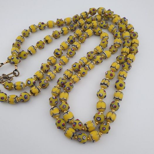 Antique Venetian Style Yellow Skunk & Trade Glass Beads Necklace