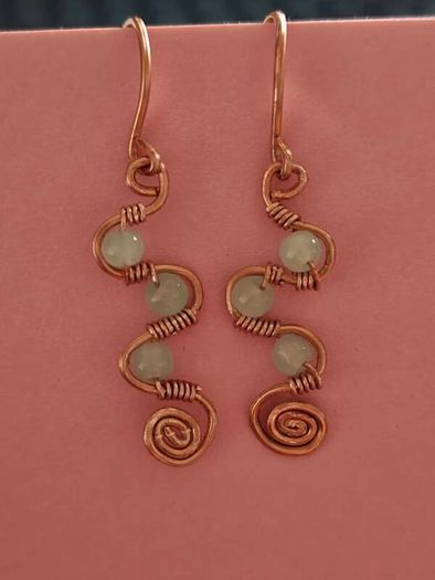 Handmade Copper Wire Wrapped Earrings, Milky Glass Beads, Boho Spiral Dangles