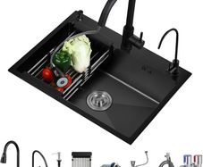 Black Stainless Steel Kitchen Sink, Single Bowl Kitchen Sink, Drop in/Topmount Workstation Sink with Sliding Accessories, Farmhouse Workstation Sink with Multiple Accessories (50 x 45cm)