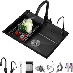 Black Stainless Steel Kitchen Sink, Single Bowl Kitchen Sink, Drop in/Topmount Workstation Sink with Sliding Accessories, Farmhouse Workstation Sink with Multiple Accessories (50 x 45cm)