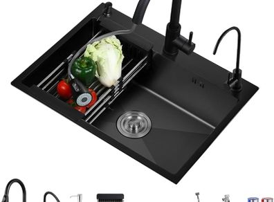 Black Stainless Steel Kitchen Sink, Single Bowl Kitchen Sink, Drop in/Topmount Workstation Sink with Sliding Accessories, Farmhouse Workstation Sink with Multiple Accessories (50 x 45cm)