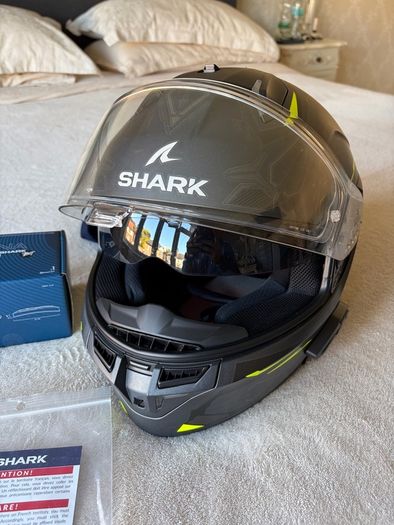shark motorcycle helmet with Sena Bluetooth kit installed