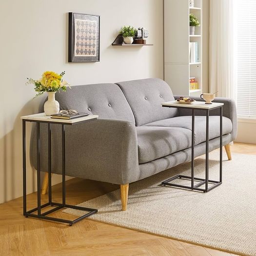 Set of 2 C Shaped End Table for Sofa, Bedside Table, Couch Table with Metal Frame for living Room, Bedroom, Balcony, White Faux Marble and Black Metal Frame