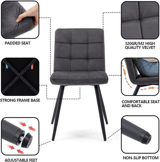 Set Of 2 x Cubana Fabric Upholstered Kitchen Dining Chair with Strong Black Metal Legs Living Room Bedroom Chair (Dark Grey, Fabric)