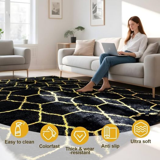 Geometric Rugs Living Room-160x230cm Extra Large Black Rug, Ultra Soft Fluffy Shaggy Rug for living room, Washable Anti Slip Area Rug Carpet