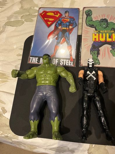 Hasbro Titan Hero 12 inch Figures x6 and 4 Tin Comic Signs