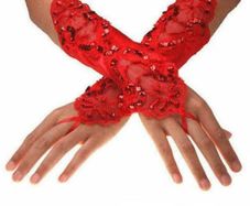 Classy Red Gloves with Sparkly Beads & Lace