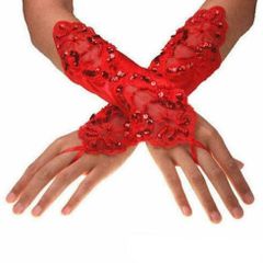Classy Red Gloves with Sparkly Beads & Lace