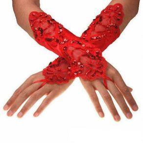Classy Red Gloves with Sparkly Beads & Lace