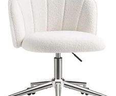 Chair for Dressing Table with Wheels, Boucle Desk Chair for Bedroom, Swivel Armchair for Home, Height Adjustable&Easy Assembly, White/Beige