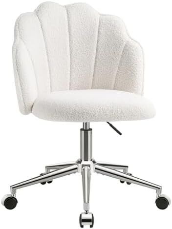 Chair for Dressing Table with Wheels, Boucle Desk Chair for Bedroom, Swivel Armchair for Home, Height Adjustable&Easy Assembly, White/Beige