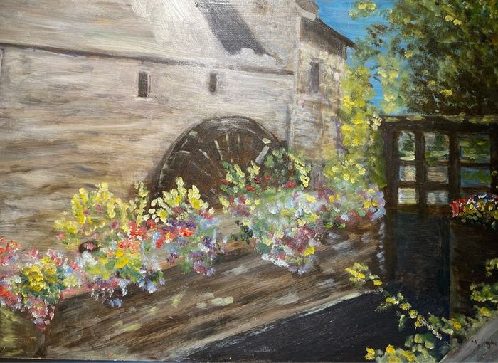 Oil on Board painting water wheel at Bayeux Normandy signed M Hughes 93 unframed