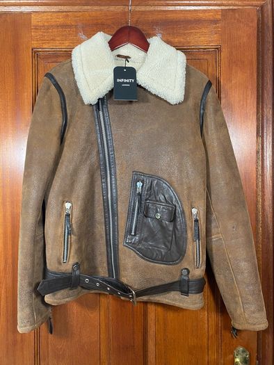 NEW Unisex Merino Wool Brown Retro REAL SHEEPSKIN Shearling Biker Leather Jacket Size S