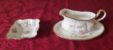 3 Piece Royal Albert Victoriana Rose Bone China Gold Gilt Gravy Boat, Gravy Boat Saucer And Square Dip Dish Set Made In England