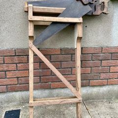 Vintage Pine wooden carpenter's saw Horse, To include two vintage . W. Tyzack, Son & Turner saws. Good Wexford provenance.