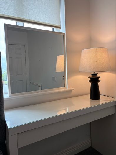 ikea desk , mirror and lamp