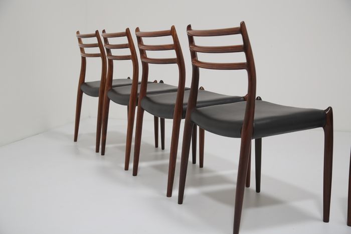 Vintage Set of 8 Rosewood and Leather Dining Chairs Model 78 by Niels Otto Moller, 1960s