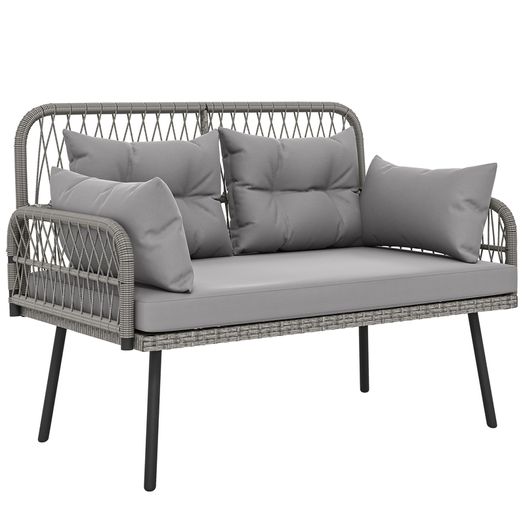 2-Seater Woven Resin Garden Sofa with Cushions and Pillows, Outdoor Sofa with Armrests, Dark Gray